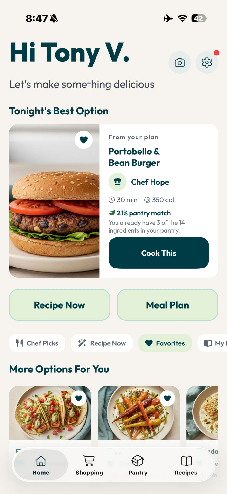 The Food Maestro home screen showing Tonight's Best Option, Portobello & Bean Burger.